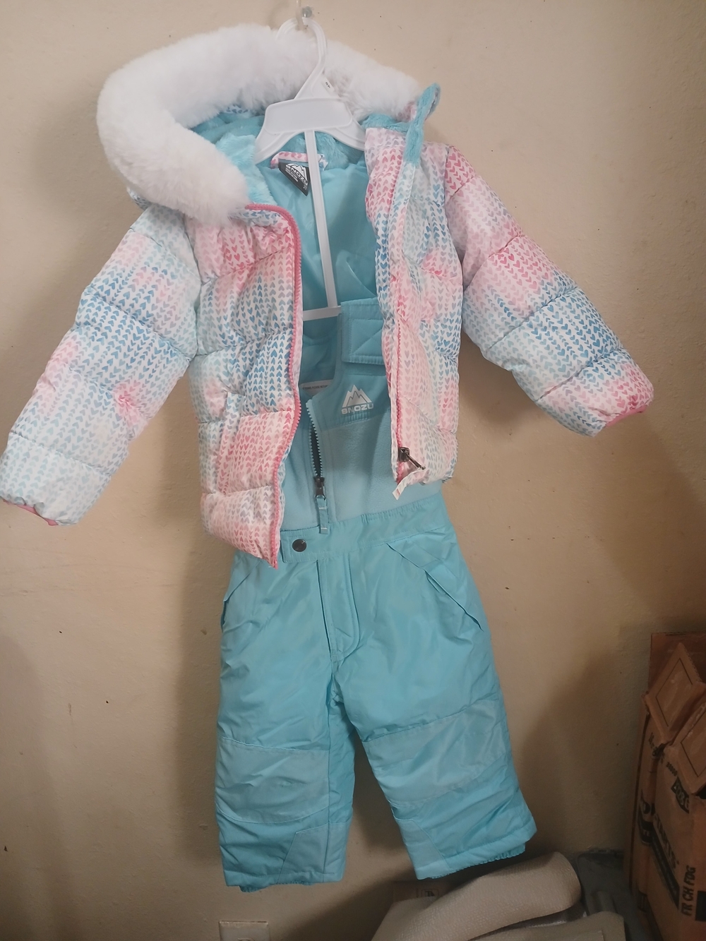Snozu Pastel Patterned Puffer Jacket with Light Blue Snow Bibs Snowsuit Two Piec